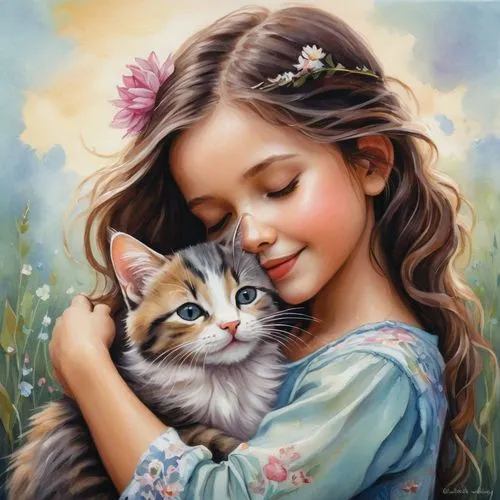 tenderness,romantic portrait,little boy and girl,cat lovers,oil painting on canvas,children's background,oil painting,little girl and mother,vintage boy and girl,cat love,little girls,cute cat,little angels,cute cartoon image,art painting,innocence,kitten,sweetness,girl and boy outdoor,childs,Conceptual Art,Daily,Daily 34