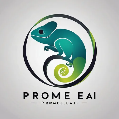 Logo for Promeai on the theme of chameleon, flat abstract vector art, with text "promeai",moray eels,promontory,moray eel,produce,promote,logodesign,proa,fish products,pre,logo header,eel,premises,esk