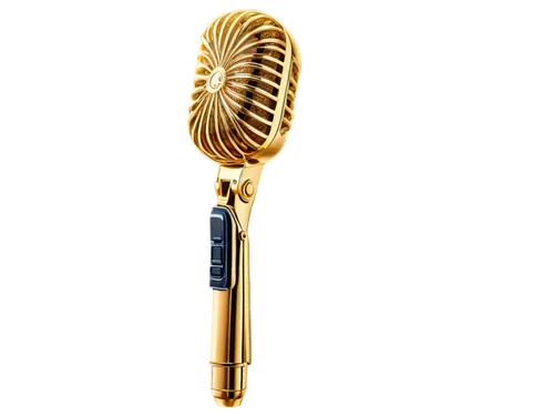 Golden microphone, solo, luxury, shiny surface, metallic material, rounded shape, detailed texture, ornate design, sparkling highlights, soft focus, cinematic lighting, 3/4 composition, warm color ton