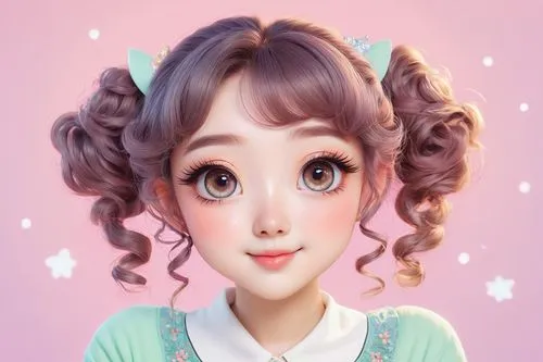 doll's facial features,vintage doll,cute cartoon character,female doll,girl doll,artist doll,curlers,realdoll,japanese doll,tumbling doll,doll face,japanese kawaii,stylized macaron,doll dress,fantasy portrait,kawaii girl,vintage girl,doll head,dress doll,3d fantasy,Illustration,Retro,Retro 23