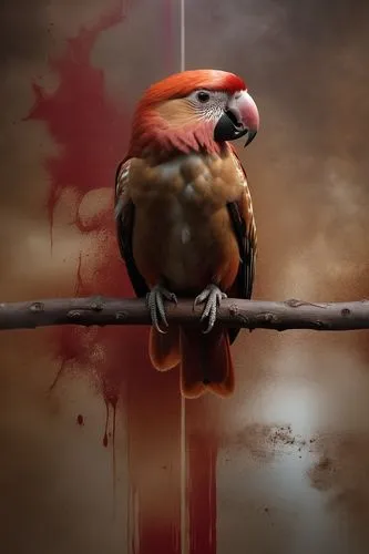 a parrot sitting on a nch with  all over it,crimson finch,red bird,red beak,light red macaw,bird painting,cardenales,Photography,General,Realistic