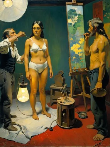 A model is being prepared by Paul Gauguin for the next painting.,a painting with two women in bathing suits,botero,meyerhold,zuercher,fischl,grosz,vallotton,Art,Classical Oil Painting,Classical Oil Pa