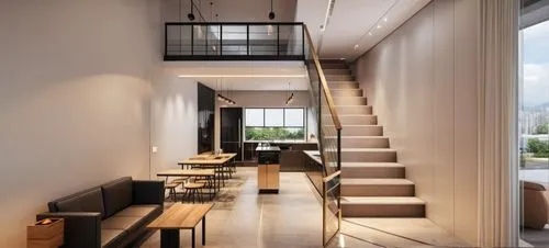 Relocate the stove, put the glass door and add coffee counter.,a dining area with tables and some stairs,penthouses,interior modern design,minotti,hallway space,contemporary decor,modern kitchen inter