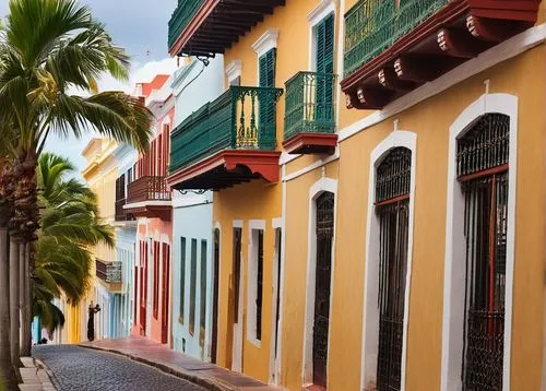 Old San Juan architecture, colorful Spanish colonial style buildings, narrow cobblestone streets, ornate facades, balconies with intricate ironwork, red-tiled roofs, wooden shutters, historic landmark