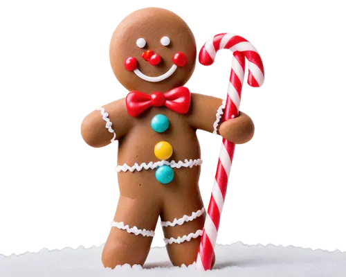 Gingerbread man, festive holiday theme, sweet decorations, colorful icing, candy buttons, white frosting smile, bright shining eyes, holding a candy cane, standing on a snowy background, soft warm lig