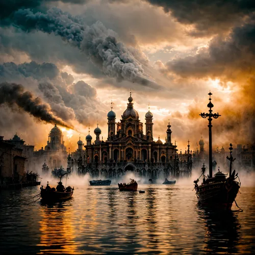 the carnival of venice,saint mark,venice,venecia,venetian,fireships,lepanto,seville,venise,city in flames,fantasy picture,waterworld,santa maria della salute,conclave,venezia,venetians,serenissima,grand canal,apocalyptic,the pollution