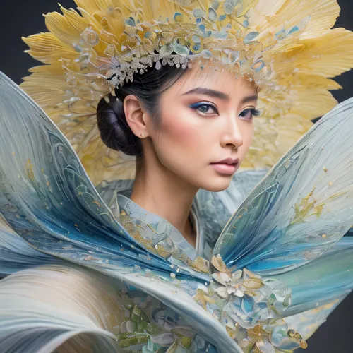 fairy peacock,miss vietnam,inner mongolian beauty,asian costume,taiwanese opera,peacock,chinese art,blue peacock,beautiful bonnet,oriental princess,feather headdress,fairy queen,fantasy portrait,orien