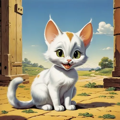 A shy cute cartoon cat slowly building her confidence,cartoon cat,arabian mau,turkish angora,cute cat,cute cartoon character,white cat,turkish van,calico cat,breed cat,felidae,domestic short-haired ca