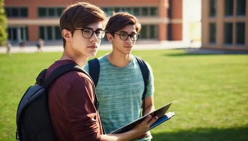 Architecture student, male, 20yo, short brown hair, glasses, casual wear, backpack, laptop, pencil case, holding a scale model, university campus, modern building, green lawn, sunny day, warm lighting