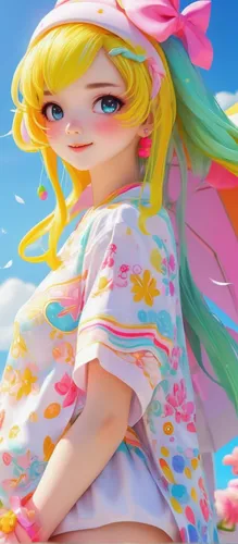 candy island girl,rainbow pencil background,anime japanese clothing,rainbow background,spring background,painter doll,artist doll,colorful background,background colorful,female doll,soft pastel,anime 