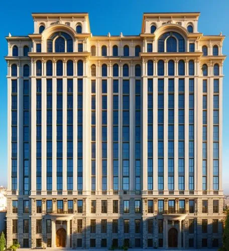 20 этажей. Жилой дом. Отделка светлый камень,a building that has three tall windows in front,largest hotel in dubai,caesars palace,gaylord palms hotel,rotana,vdara,borgata,Photography,General,Realisti