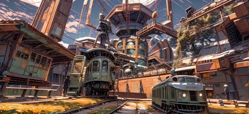 abandoned train station,industrial ruin,industrial landscape,ship yard,mining facility,railroad station,refinery,castle iron market,hogwarts,the train station,hanging houses,merchant train,train station,industrial hall,shipyard,fantasy city,industrial plant,concept art,steampunk,airships