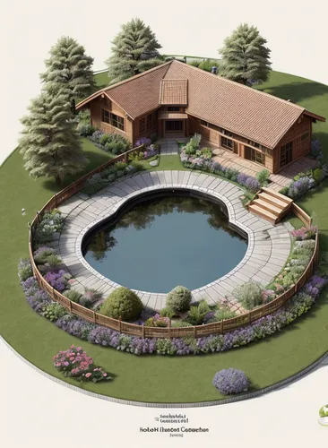 Gardening plan with wooden house , heart shaped pond, Small circular area, pine-tree, blue print drawing, water colour printed paper. Technical dimensions and caution , boundary with materials list, O