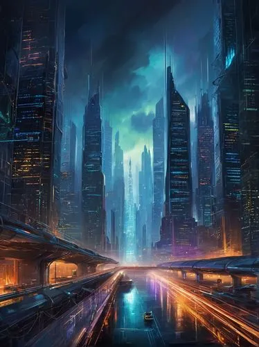 futuristic landscape,cybercity,cybertown,cyberport,cityscape,fantasy city,coruscant,cyberworld,superhighways,black city,coldharbour,city cities,sci fiction illustration,city scape,jablonsky,cyberpunk,metropolis,futurist,futuregen,cyberia,Conceptual Art,Oil color,Oil Color 22