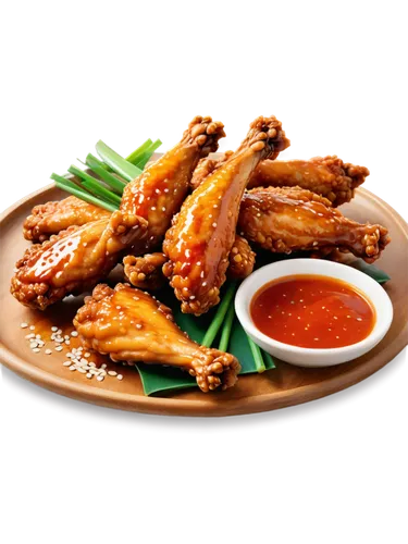 Crispy fried chicken wings, golden brown skin, juicy meat, drumsticks and winglets, scattered sesame seeds, sweet and sour sauce drizzles, green onions garnish, appetizing aroma, shallow depth of fiel