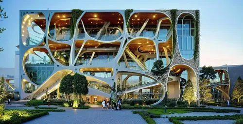 the modern building is surrounded by trees and shrubs,futuristic architecture,futuristic art museum,masdar,largest hotel in dubai,triforium,archigram,Photography,Artistic Photography,Artistic Photogra