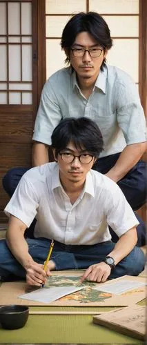 Takahiro Takao, Beyblade creator, male, 40s, bespectacled, short black hair, casual wear, white shirt, dark blue jeans, sneakers, sitting, desk, papers, pencils, laptop, Japanese style room, Tatami ma