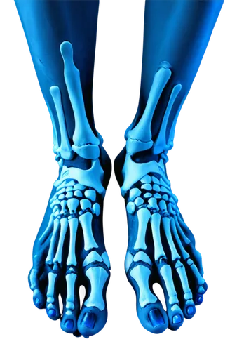 Skeleton foot, bony structure, transparent skin, glowing blue eyes, barefoot, toes curled, ankle bones visible, spooky atmosphere, dark background, low-key lighting, 3/4 composition, shallow depth of 