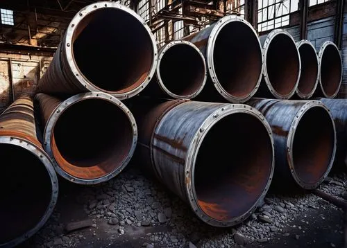 Industrial pipe, intricate metallic structure, cylindrical shape, silver color, rusty details, urban decay, abandoned factory, dim lighting, dramatic shadows, high contrast, industrial atmosphere, 3/4