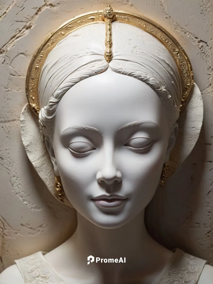 Antique death mask of the Queen of Sheba,the statue has a golden decoration on its head,amidala,woman sculpture,art deco woman,the angel with the veronica veil,the prophet mary,houdon,3D,3D Character