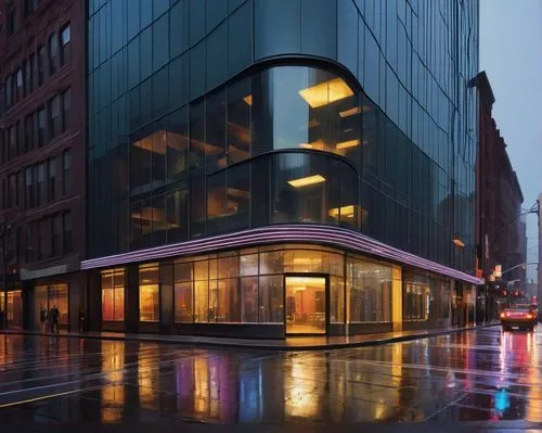 Modern architecture, futuristic building, sleek lines, silver metal, glass façade, unique spiral design, intricate details, urban cityscape, commercial district, evening time, neon lights reflecting o