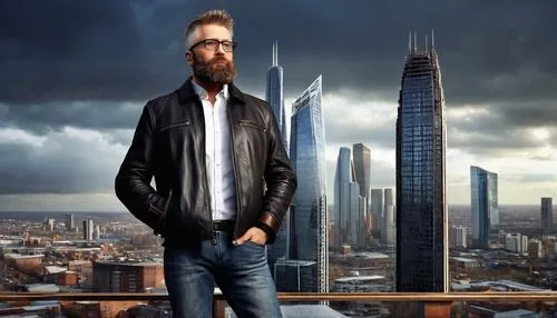 David Michael, mature man, bearded, short hair, glasses, black leather jacket, white shirt, dark blue jeans, brown boots, standing, architectural model, modern skyscraper, cityscape, afternoon, cloudy