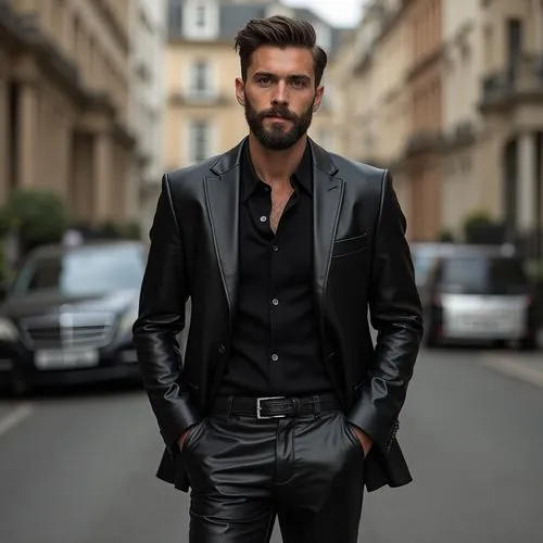 A handsome gay mayor of London with a short trimmed beard, 30 years old, wearing a leather blazer and leather pants ,London's first openly gay mayor ,paire,petrelis,marchisio,florent,yoann,haegglund