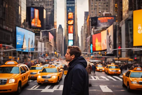 Follow the journey of a wide - eyed traveler as they step foot in the bustling heart of New York City for the very first time. Picture the newcomer standing in awe amidst the towering skyscrapers of M