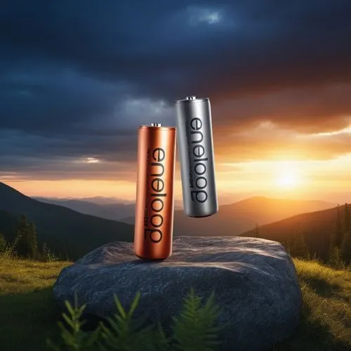 a digital batteries in a podim with wild nature with light effect on the background, dark sky wide angle

,two aa batteries sitting on top of a rock in front of the sky,rexona,duracell,alkaline batter