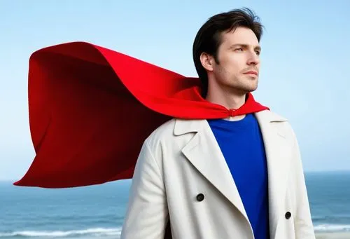 man in cape and cape, near beach looking ahead,red cape,capes,super man,red super hero,caped,supermen