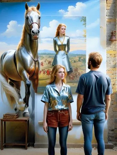 Karl admires the successful equestrian portrait of his idolised wife Olga.,there is a man and woman standing in front of two paintings of people in an old building,centaurs,painted horse,lipizzaners,u