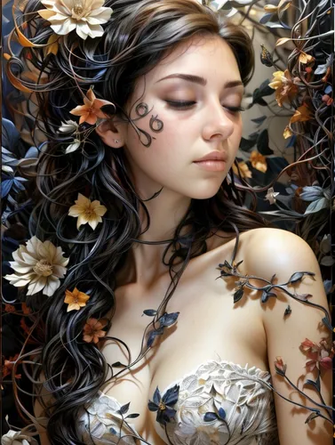 girl in a wreath,faery,faerie,girl in flowers,the sleeping rose,wreath of flowers,beautiful girl with flowers,fantasy portrait,floral wreath,dryad,elven flower,flower fairy,fallen petals,fairy queen,rose wreath,fantasy art,dried petals,blooming wreath,mystical portrait of a girl,laurel wreath