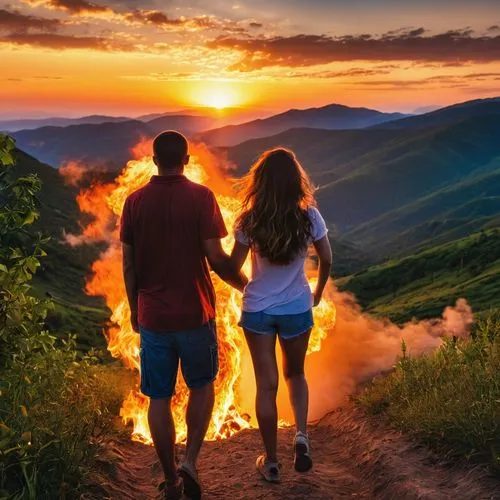 loving couple sunrise,fire in the mountains,fire background,the conflagration,hot love,saganaki,romantic scene,girl and boy outdoor,wildfire,burning of waste,burned land,wildfires,fire dance,fire and water,fire free,fire heart,scorched earth,dancing flames,conflagration,burning torch,Photography,General,Realistic