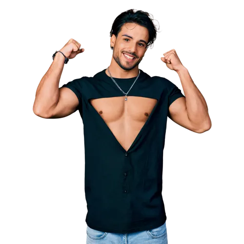 Muscular Latino man, shirtless, ripped jeans, silver chain necklace, tattoos on arms, messy black hair, stubble, smizing eyes, seductive smile, dancing, hip movement, slow motion, low-key lighting, sh