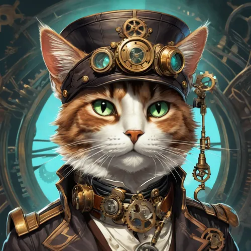 steampunk,cat sparrow,napoleon cat,steampunk gears,admiral von tromp,watchmaker,cat warrior,cat-ketch,key-hole captain,admiral,clockmaker,capricorn kitz,aristocrat,calico cat,game illustration,pirate,cat image,cat vector,cat portrait,naval officer,Conceptual Art,Fantasy,Fantasy 25