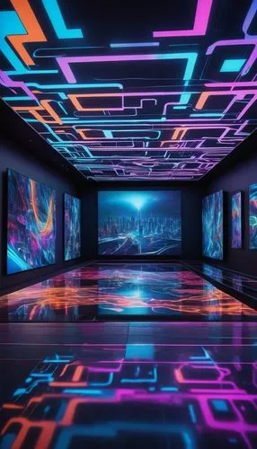 Modern digital art gallery, futuristic interior design, sleek glass walls, minimalist decorations, LED lights tracing the ceiling, rows of giant screens displaying vibrant AI-generated images, abstrac