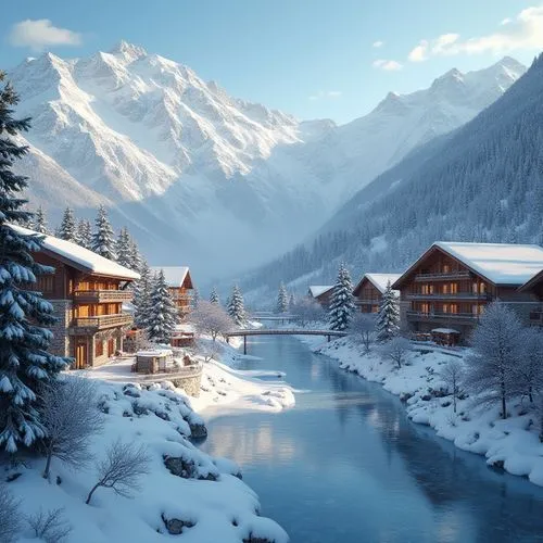 Snow-capped mountains, frosty air, icy lakes, rustic wooden chalets, vibrant ski lifts, colorful snowboarding equipment, warm fireplaces, cozy cabins, natural stone walls, earthy tones, rich wood acce