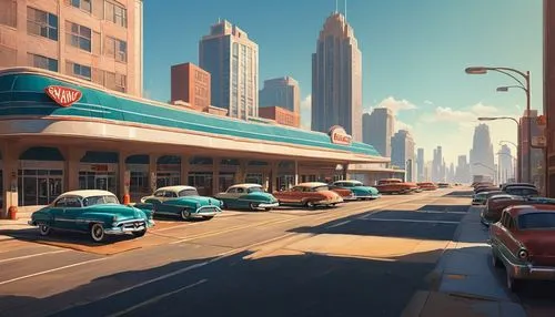 retro diner,riverdale,motorcity,skylines,car dealership,autopia,fifties,retro automobile,megapolis,aronde,car hop,fleetline,retro styled,postwar,skyline,city scape,cartoon video game background,tailfins,retro car,city highway,Conceptual Art,Oil color,Oil Color 12