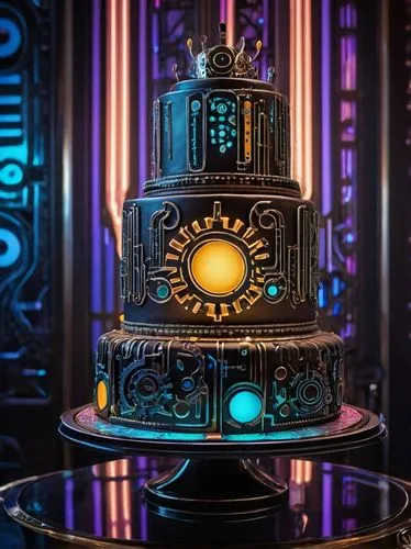 Fantasy AI cake, futuristic cyberpunk theme, glowing neon lights, metallic cake stand, intricately designed circuit patterns, binary code details, robot arms holding cake utensils, steampunk gears and