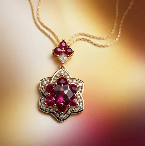 A pendant with ruby gems and round diamonds  , high quality, high resolution, ultra distills, 8k,the red and white necklace is next to the chain,mouawad,diamond pendant,helzberg,jauffret,spinel,pendan