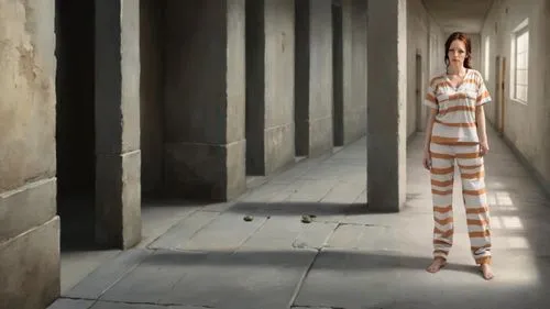 classicism painting: inside old prison hallway, bars, prison cells, standing on stone floor, 2 bare feet with 5 toes showing each,inmate,a floor-length dress,prisoner,prison,abnegation,girl in a long 