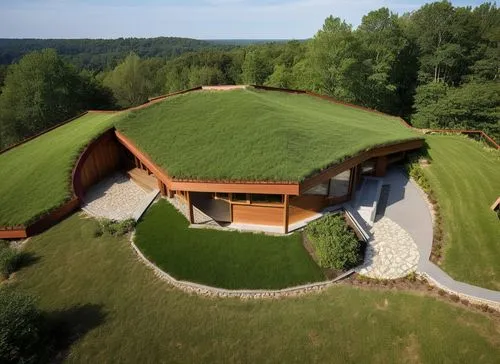 Мodern house surrounded by a forest.
House in the hill. Grass roof.,an aerial view of a large green roofed house,grass roof,ecovillages,green lawn,roof landscape,greenhut,greenhaus,Photography,General