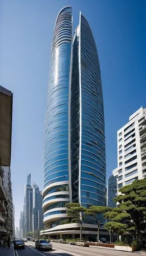 Modern earthquake-resistant building, futuristic skyscraper, curved lines, reinforced concrete structure, seismic isolation system, shock-absorbing materials, steel beams, columns, cantilevered floors