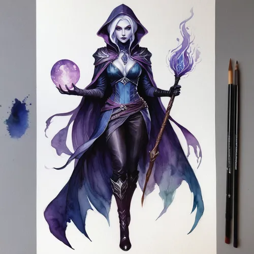 blue enchantress,sorceress,dark elf,undead warlock,violet head elf,mage,dodge warlock,the enchantress,mezzelune,widow,violet,huntress,raven girl,magus,winterblueher,zodiac sign libra,lavendar,widow flower,summoner,the witch,Illustration,Realistic Fantasy,Realistic Fantasy 15