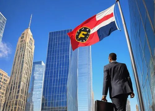 Modern skyscraper, office building, glass facade, steel structure, urban landscape, Atlanta cityscape, Georgia state flag, businessman, suit, tie, briefcase, confident stride, morning commute, sunny d