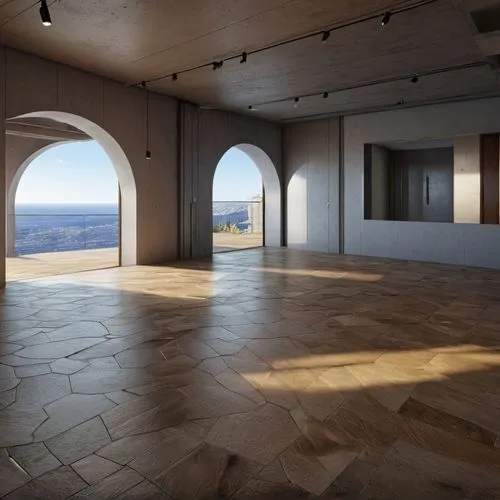 the interior of a building with arched doorways,3d rendering,window with sea view,immenhausen,amphipolis,penthouses,empty interior,Photography,General,Realistic