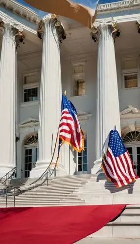 Neoclassical, White House, Washington D.C., grandiose facade, columns, arches, balconies, intricate details, symmetrical composition, American flag, red carpet, stairs, marble floors, chandeliers, pre