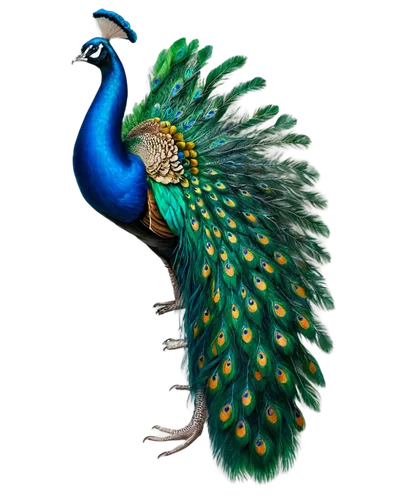 Vibrant peacock, majestic bird, full body, standing, spreading colorful tail feathers, shiny emerald green plumage, golden neck, bright blue eyes, delicate legs, realistic texture, warm lighting, 3/4 