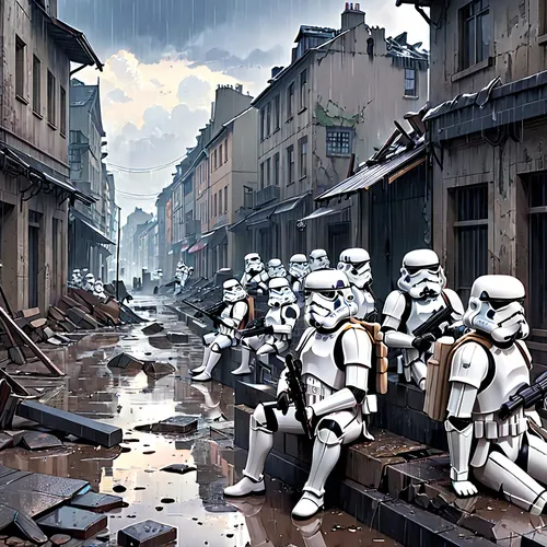 storm troops,stormtrooper,droids,starwars,cg artwork,imperial,star wars,the storm of the invasion,overtone empire,post apocalyptic,lost in war,digital compositing,post-apocalyptic landscape,wars,destroyed city,invasion,post-apocalypse,war zone,apocalyptic,second world war,Anime,Anime,Realistic