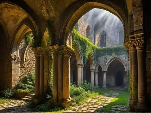 Experimental Romanesque architecture, medieval style, old stone walls, intricate carvings, grandiose arches, vaulted ceilings, ornate columns, Gothic influences, mysterious ambiance, foggy atmosphere,